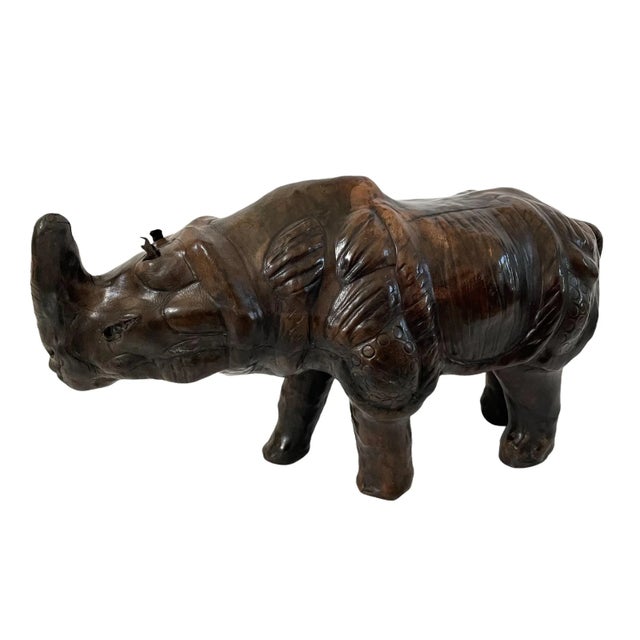 African Mid Century Leather Wrapped Rhino Sculpture For Sale - Image 3 of 6