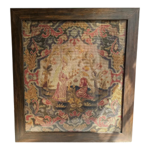 Vintage Medieval Scene Needlepoint Textile Wall Art in Wood Frame