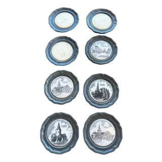 Vintage Georg Vetter Pewter and Porcelain Coasters Set of 8 German Landmarks For Sale