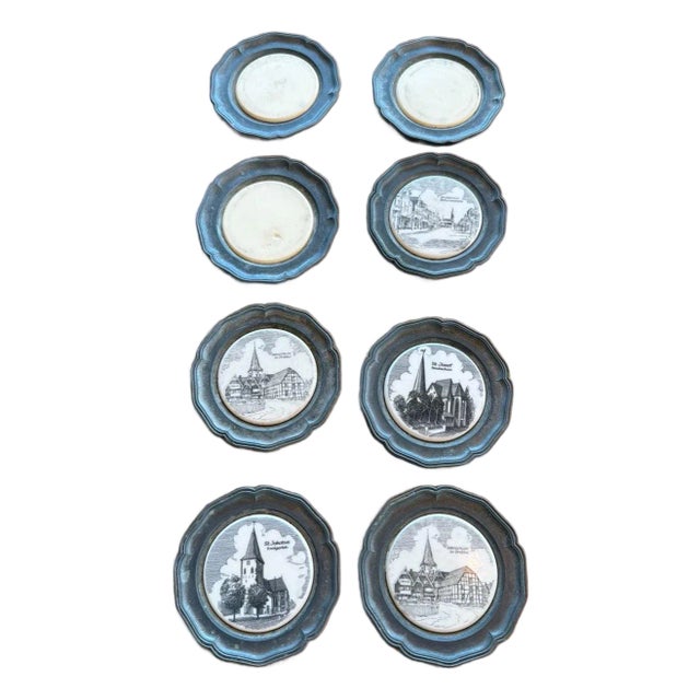 Vintage Georg Vetter Pewter and Porcelain Coasters Set of 8 German Landmarks For Sale