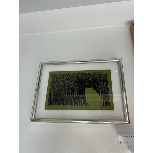 Mid-Century Modern Vintage Antonio Frasconi Woodcut Printed on Green Paper With New Silver / Wood Frame and Float Detail, Circa 1965 For Sale - Image 3 of 10