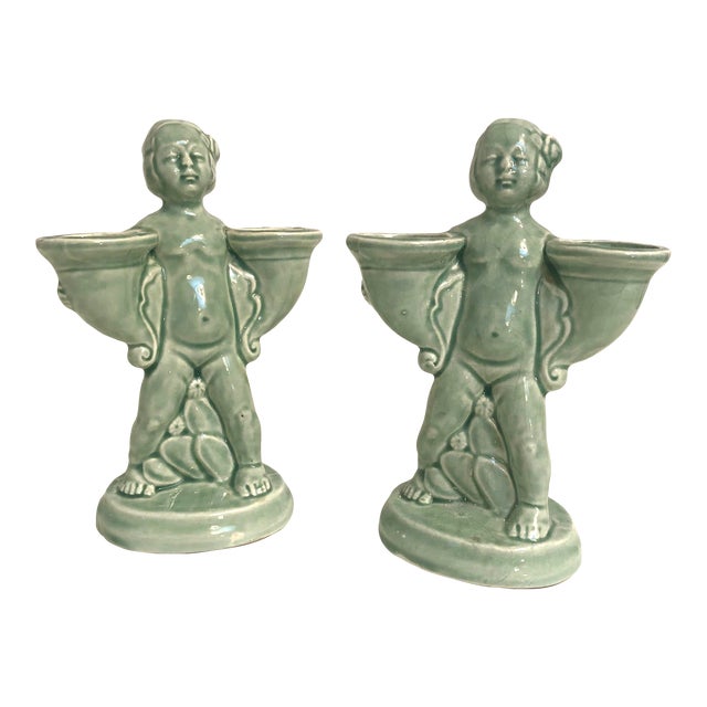 Vintage Art Deco German Pottery Greenware Candle Holders a Pair