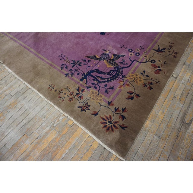 1920s Antique Purple Open Field Bird Chinese Art Deco Room Size Wool Knotted Rug For Sale In New York - Image 6 of 10