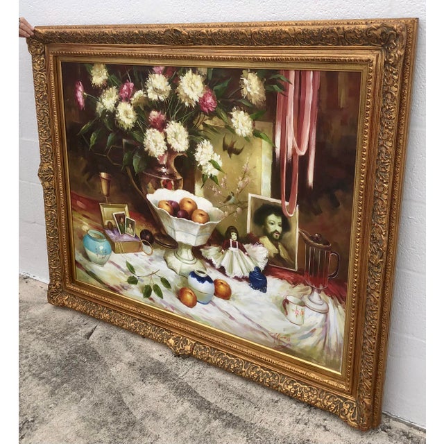 P. Mozah 20th Century Oil Painting, Still Life, Spring Flowers, Ornate Gold Frame For Sale - Image 13 of 15
