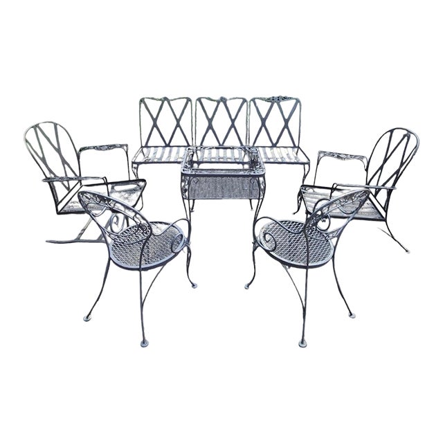 Vintage Wrought Iron Patio Seating Set by Russell Woodard, Attributed, 8 Pieces For Sale