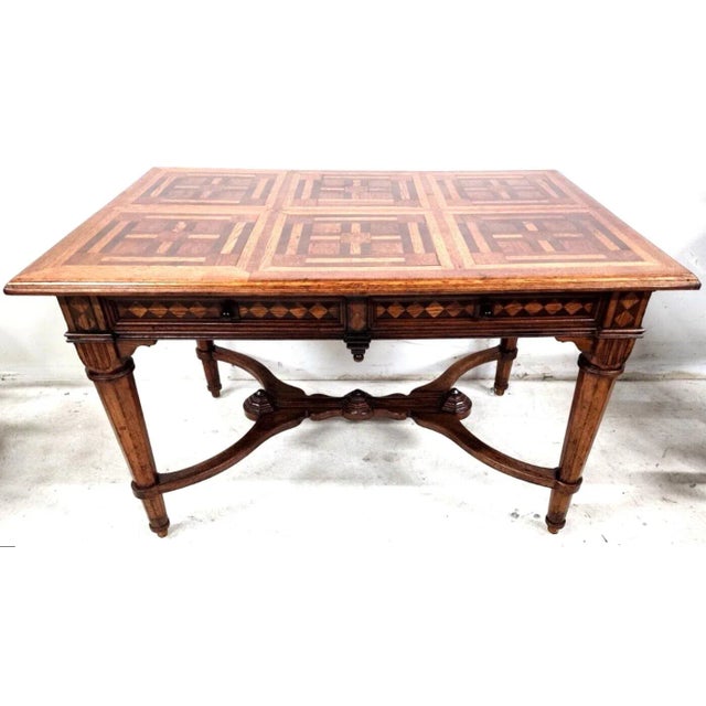 Antique Library Dining Table English 4 Drawer W Glass Top For Sale - Image 12 of 12