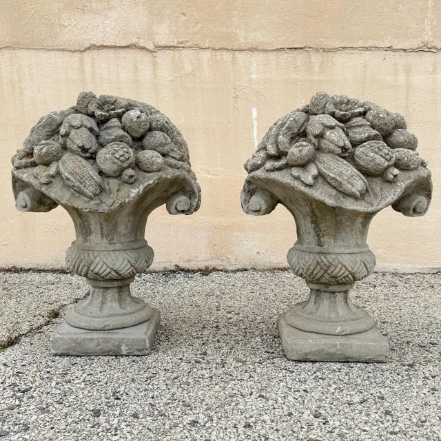 Vintage Cast Cement Stone 26" Fruit & Flower Basket Garden Lawn Ornament - Pair For Sale - Image 14 of 15