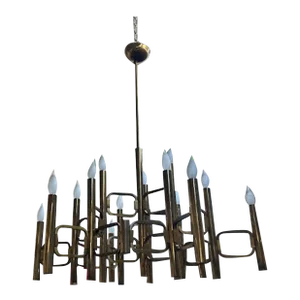 Large Italian Brass Cubist Chandelier by Gaetano Sciolari