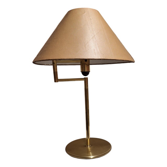 Vintage Brass Table Lamp with Handmade Faux Leather Swivel Shade, 1970s For Sale