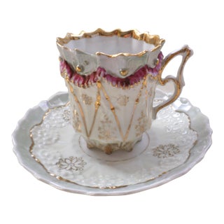 Antique French Ornate Embossed Grey , Gold & Purple Tea Cup W/ Saucer For Sale