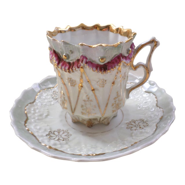 Antique French Ornate Embossed Grey , Gold & Purple Tea Cup W/ Saucer For Sale