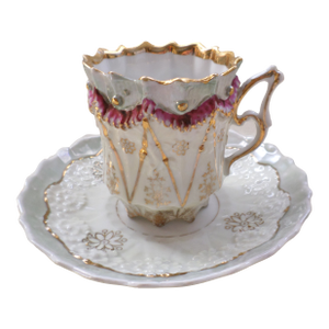 Antique French Ornate Embossed Grey , Gold & Purple Tea Cup W/ Saucer