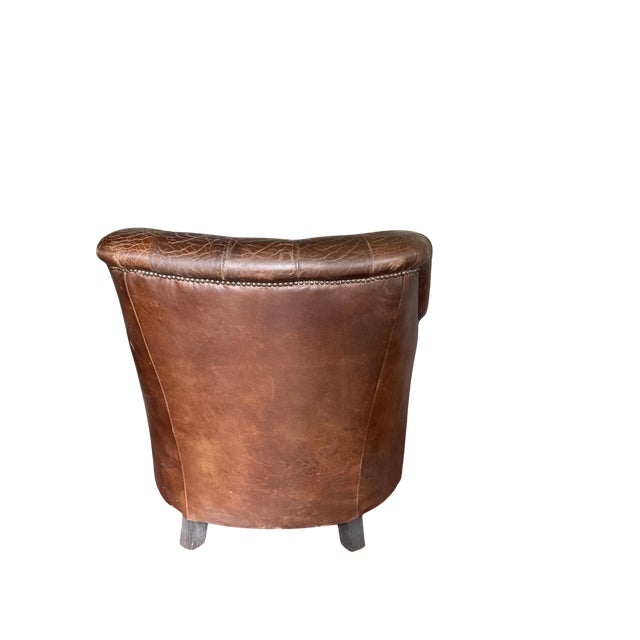 Restoration Hardware Distressed Leather Club Chairs, Pair – Tufted English Library Lounge Chairs With Rolled Arms & Brass Casters For Sale - Image 13 of 18