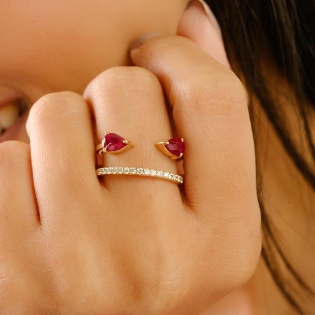 Ruby Red VRJewels Designer Open Ruby Split Band Ring With Diamonds in 14k Yellow Gold Size 7 For Sale - Image 8 of 17