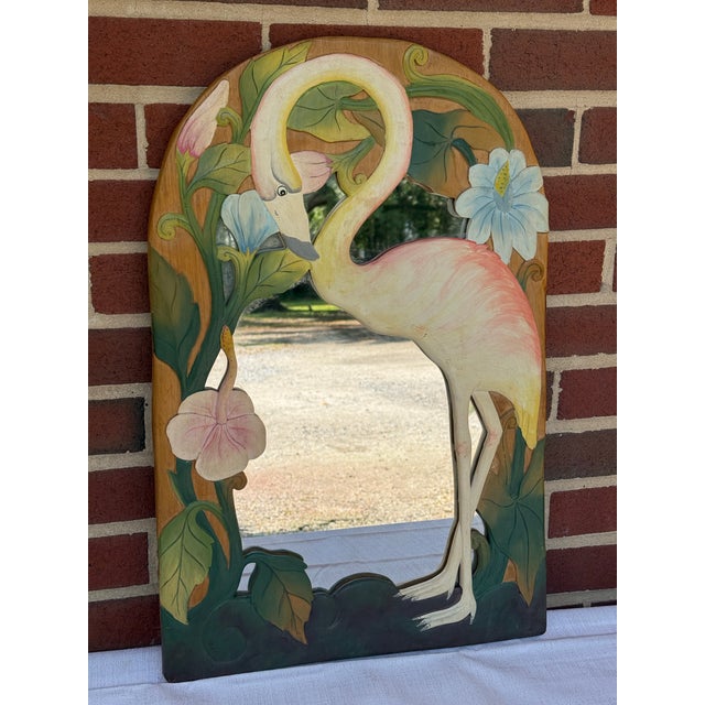 Hollywood Regency 1980s Dorothy Draper Style Hand-Carved Tropical Flamingo Wall Mirror by Turtle and Crane - Palm Beach Regency For Sale - Image 3 of 9