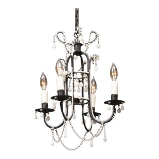 Petite 4-Light Iron & Opaline Glass Beaded Chandelier, 1940s Italy For Sale
