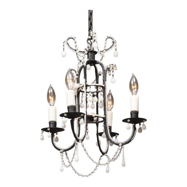 Petite 4-Light Iron & Opaline Glass Beaded Chandelier, 1940s Italy For Sale