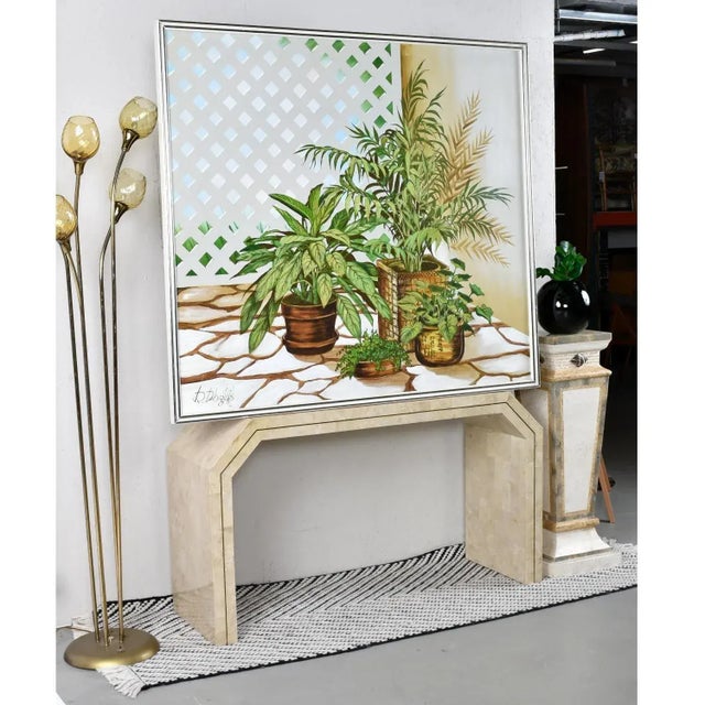 Large scale vintage 1970s painting of house plants. The oil painting is beautifully detailed with rich tones of green...