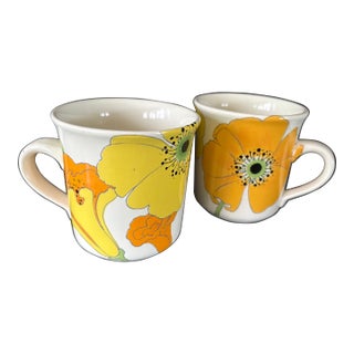 Pair of Mid-Century Modern Yellow and Orange Flower Glazed Pottery Mugs Vintage 1970s For Sale