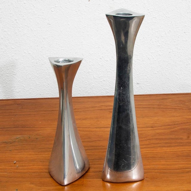 Mid Century Modern Nambe Candle Holders Set Two Made From Nambé Alloy Vintage MCM For Sale - Image 9 of 12