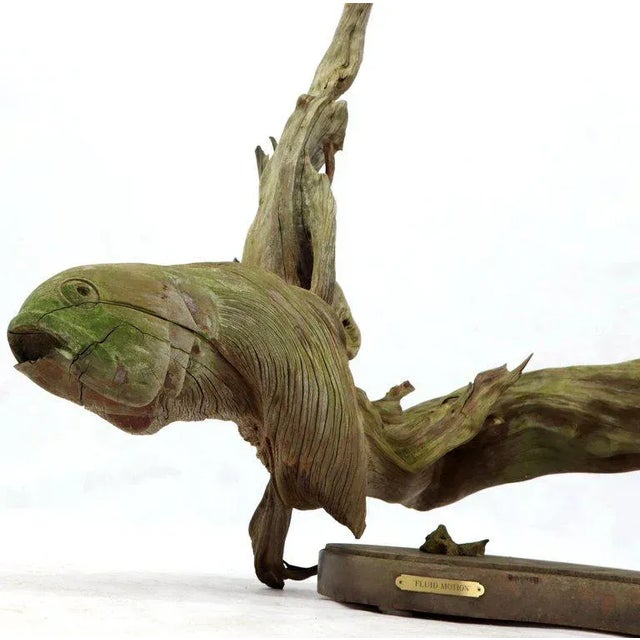 Rustic Large Natural Wood Fish Shape Driftwood Sculpture Artist Signed For Sale - Image 3 of 13