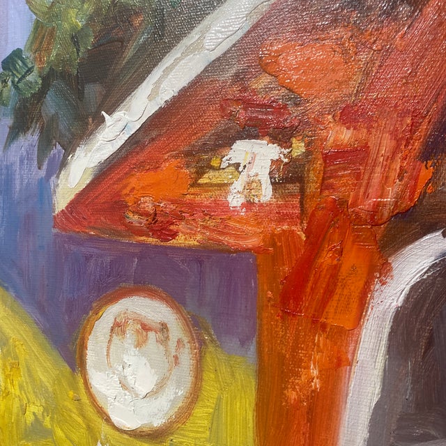 Mid-Century Modern Vintage Mid-Century Signed Expressionist Architectural Courtyard Oil Painting – Heavy Impasto Large Street Scene For Sale - Image 3 of 12