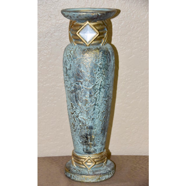 Art Deco Jaru Art Deco Green and Gold Cast Stone Ceramic Pillar Candle Holder For Sale - Image 3 of 6