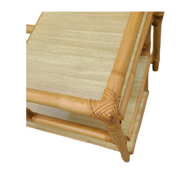 Tan Vintage Mid-Century Modern 3-Tier Bamboo & Rattan Side Tables - A Pair For Sale - Image 8 of 9