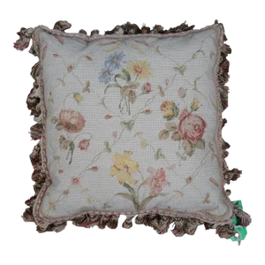 Mid 20th Century Down Filled Floral Rose Lily Daisy Needlepoint Tassel Lumbar Throw Pillow