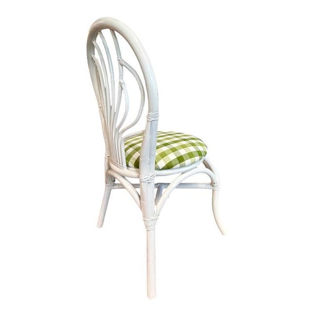 Wood Set of 3 White Rattan Dining Chairs With Green Gingham Cushions For Sale - Image 7 of 9
