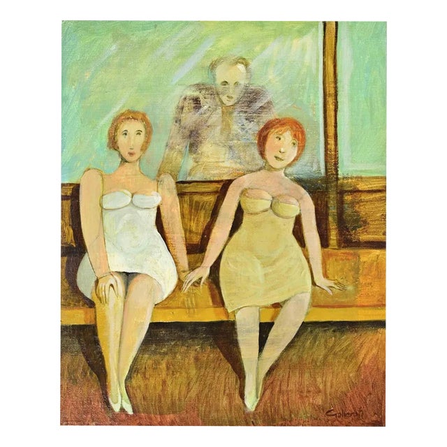 Alberto Gallerati, In the Waiting Room, 1980s, Mixed Media Painting For Sale