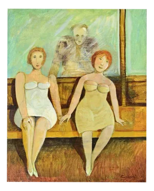 Alberto Gallerati, In the Waiting Room, 1980s, Mixed Media Painting