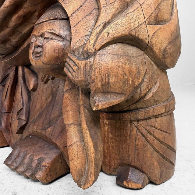 Japanese Wooden Temple Statue of Hotei with Child, 1920s For Sale - Image 6 of 14