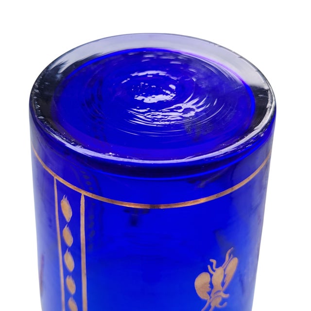 Vintage Boho Mid Century Hand Blown Cobalt Blue Glass Vase With Gold Honey Bee Accents For Sale - Image 10 of 18