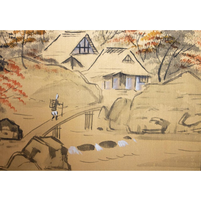 1960s Shōwa Era Japanese Silk Byobu Screen "Mountain Landscape With Houses" For Sale In Dallas - Image 6 of 17