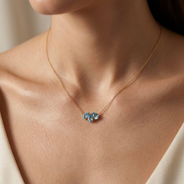 Contemporary Swiss Blue Topaz Cluster Necklace | Dainty Pear Cut Gemstone Chain Link Necklace | December Birthstone Jewelry For Sale - Image 3 of 3