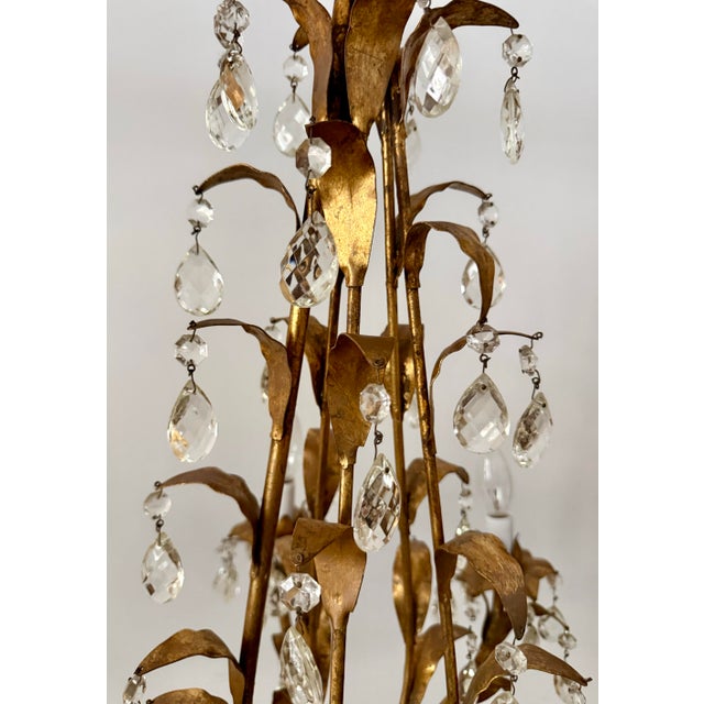 Hollywood Regency Mid 20th Century Hollywood Regency Gilt Tole Leaf & Crystal 5-Light Chandelier For Sale - Image 3 of 12