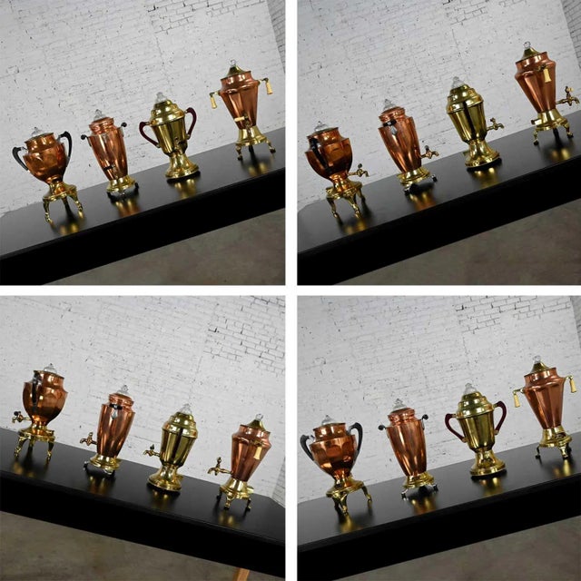 Art Deco Vintage Art Deco Brass & Copper Coffee Urns Bakelite Handles Set of 4 For Sale - Image 3 of 13