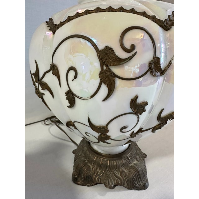 White Pair of Hollywood Regency Lamps Large Opalescent Iridescent White Glass Bodies W/ Bronze Filigree Overlay 3-Way Switch 1970s For Sale - Image 8 of 11