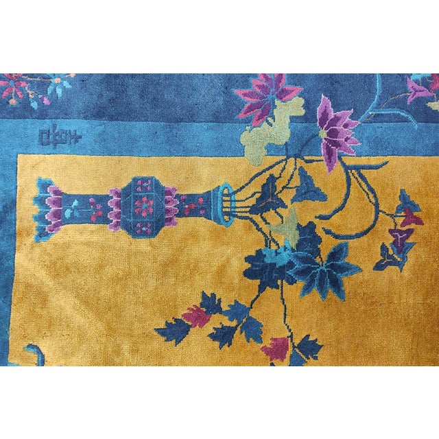 Art Deco 1920s Antique Chinese Floral Art Deco Wool Manchester Yellow Hand Knotted Rug For Sale - Image 3 of 9