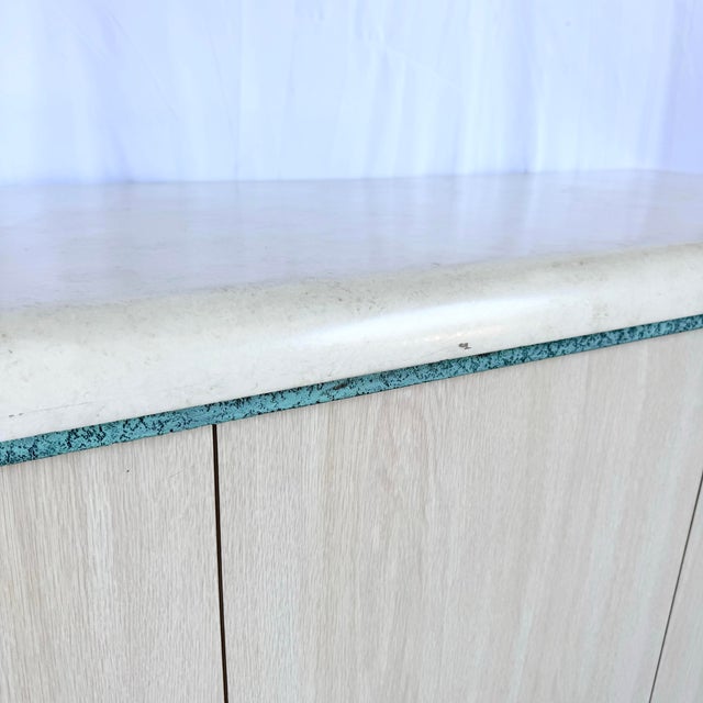 Postmodern Beige Wood Grain Laminate Credenza With Tribal Turquoise Metal Accents For Sale - Image 9 of 12