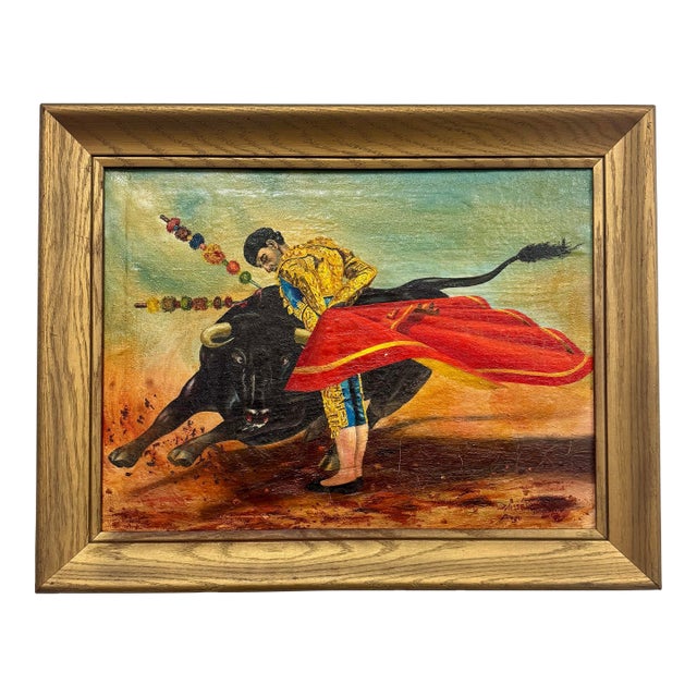 Mid-Century Spanish Bullfighting Oil Painting, Signed and Dated 1958 For Sale