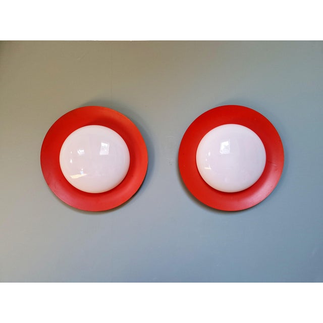 Space Age Round Wall Sconces in Orange Lacquered Metal and White Opaline Glass, 1960s, Set of 2 For Sale - Image 18 of 18
