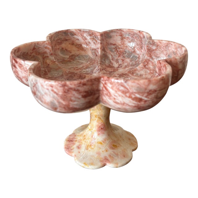 1970s Italian Pink Marble Scalloped Pedestal Bowl For Sale