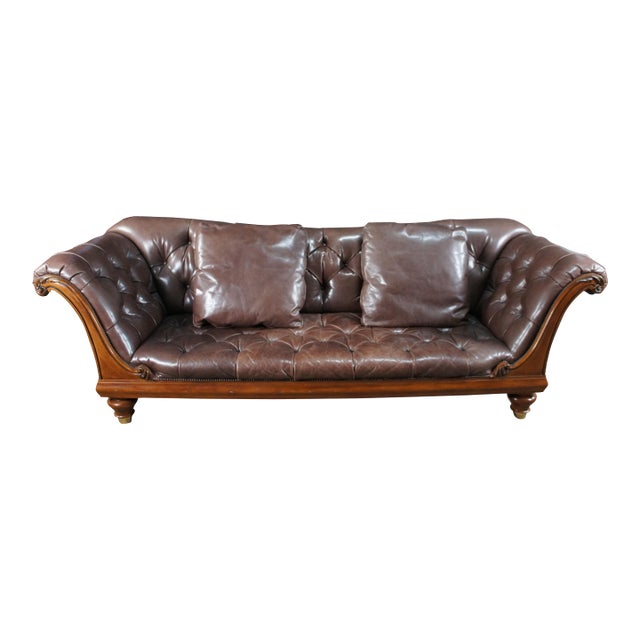 Late 20th Century Baker Furniture Stately Homes Tufted Brown Leather & Walnut Chatsworth Sofa For Sale