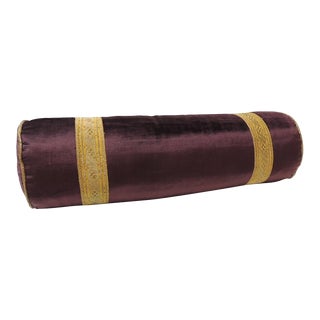 Antique Burgundy Silk Velvet Round Bolster Handmade Pillow with Metallic Trims For Sale