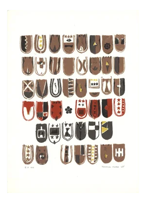 1965 Yukihisa Isobe 'Crests Series' Contemporary Red,Brown Usa Lithograph