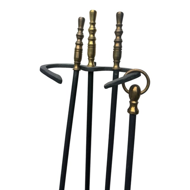 Vintage Federal Style Fireplace Andirons & 4 Pc Tool Set Cast Iron Brass For Sale - Image 11 of 14