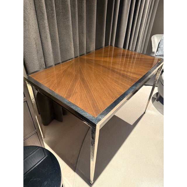 Custom Amalfi Desk 45”W x 28”D x 30H” Metal: Hammered Polished Nickel Finish: Shale Walnut Full Fill High Polish
