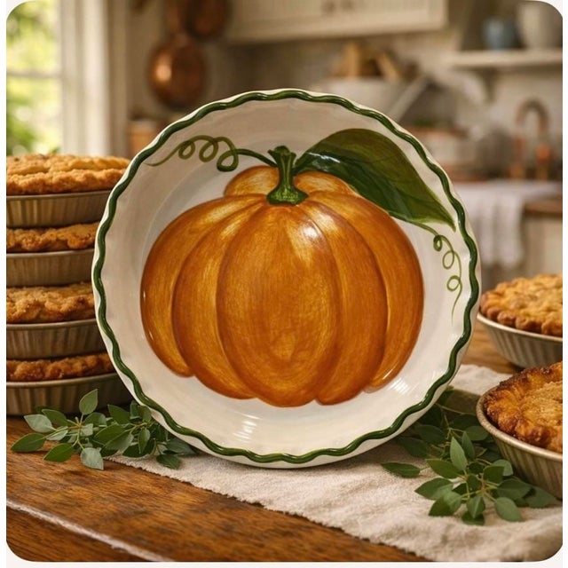 Shabby Chic Hand Painted 1997 Laurie Gates Pumpkin Pie Dish for Williams Sonoma. Sculpted Why Rim. Fall Decor. Thanksgiving For Sale - Image 3 of 3